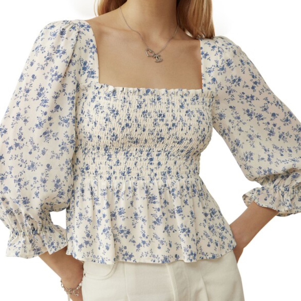 Reformation Braelyn Ivory and Blue Peplum Floral Top
